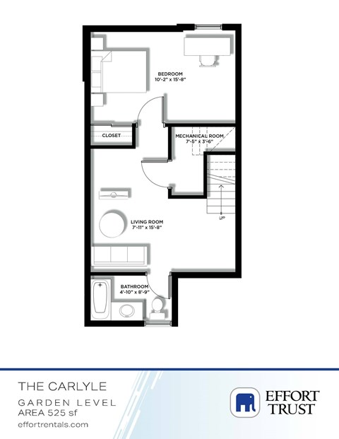 A floor plan of a one bedroom apartment with a living room, a mechanical room, a bathroom, and a closet.